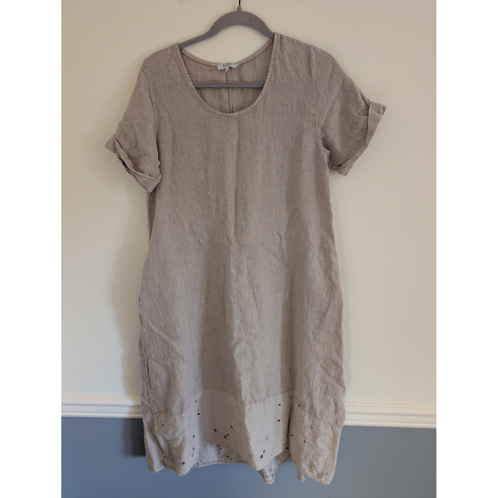 Rosemarine Italy Linen Shift Dress natural Eyelet Hem Small oatmeal sustainable